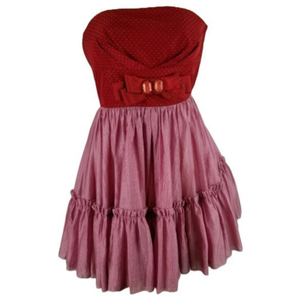 Jorya Size 6 Red Polka Dot Pink Ruffle Lace Strapless Fit & Flare Mini Dress New